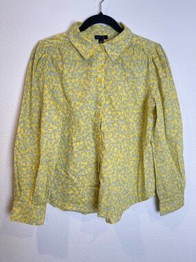 Ann Taylor Floral Button Up Shirt Cottagecore Feminine Blouse Small Yellow Blue